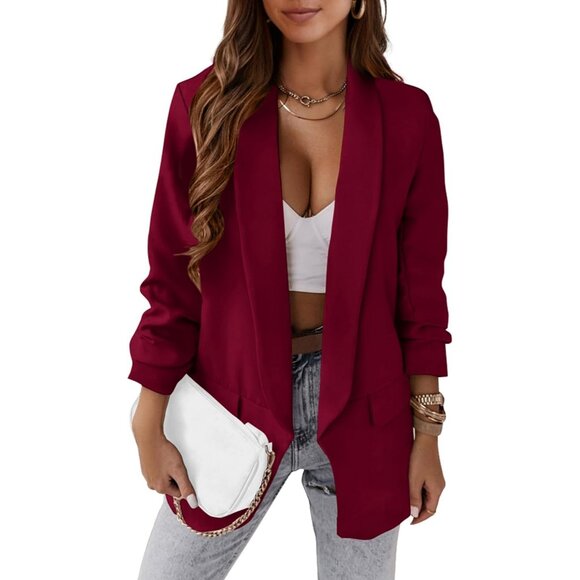 Women's Wine Red Casual Blazer Spring Fall Fashion Long Sleeve Open Front Work